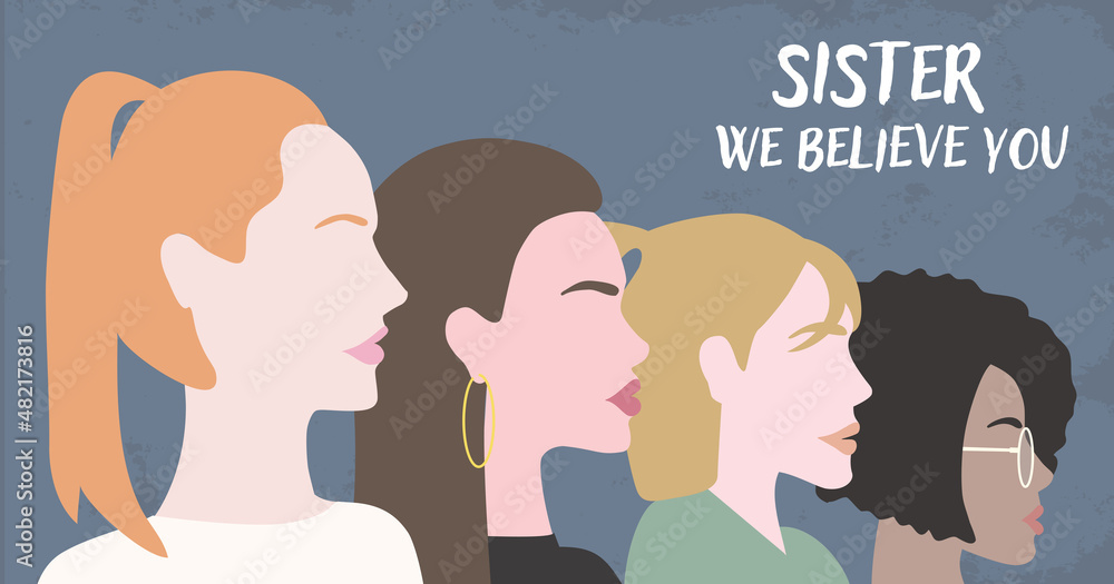 Four women stand for abuse victims, girls march for sisterhood, ladies silhouettes female empowerment illustration Four women stand for abuse victims, girls march for sisterhood, ladies silhouettes female empowerment illustration