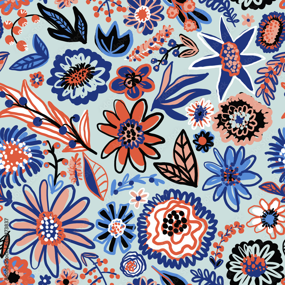 Colorful seamless pattern. Bright illustration in doodle style. Flowers and leaves. Blue, cyan, orange, powder, white and black. Colorful design for printing, printing on clothes. Colorful seamless pattern. Bright illustration in doodle style. Flowers and leaves. Blue, cyan, orange, powder, white and black. Colorful design for printing, printing on clothes.