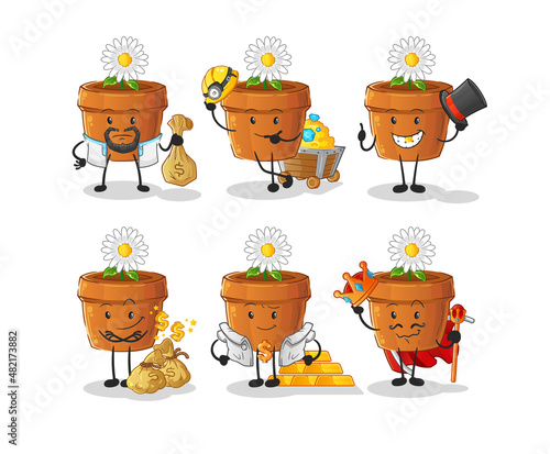 flower pot rich group character. cartoon mascot vector