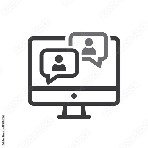Computer with two dialog bubbles, webinar concept, online course, distant education, group conference, work from home.