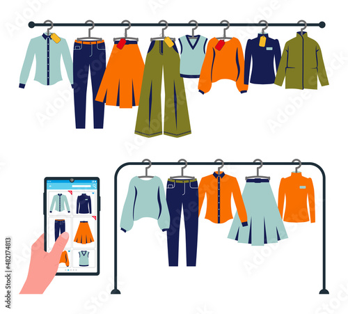 Flat vector illustration, concept of online clothing store, hand with smartphone. Shopping, buying clothes. Set of women's clothes on a hanger with price tags. Viewing the goods of the clothing store