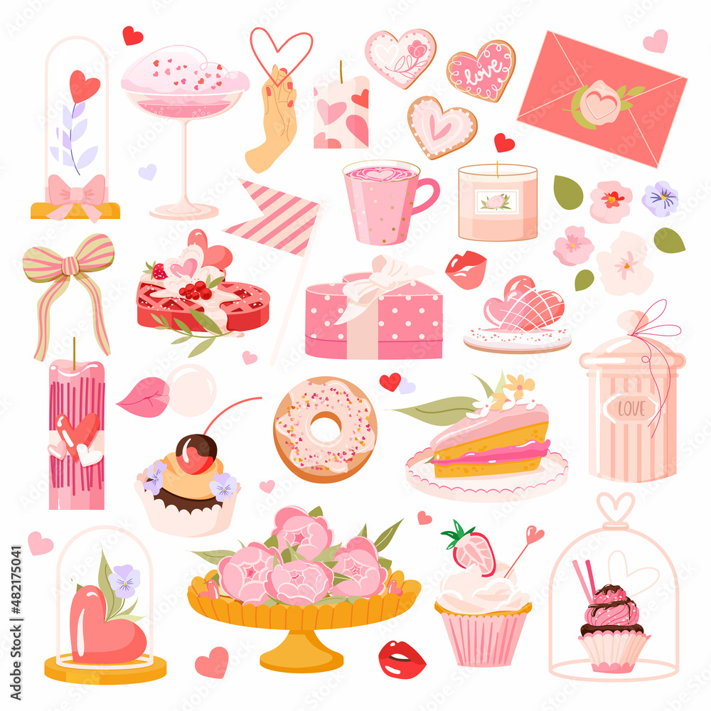 Valentine's day elements vector set. Gift, heart, bottle, kiss, key, peony, candy, and others for planner, love letter or diary. Sticker cartoon flat style. Romantic illustration Valentine's day elements vector set. Gift, heart, bottle, kiss, key, peony, candy, and others for planner, love letter or diary. Sticker cartoon flat style. Romantic illustration