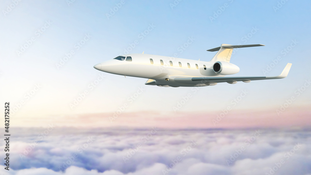 White jetliner flying against backdrop of evening sky. Business jet above clouds, 3D render. White jetliner flying against backdrop of evening sky. Business jet above clouds, 3D render.