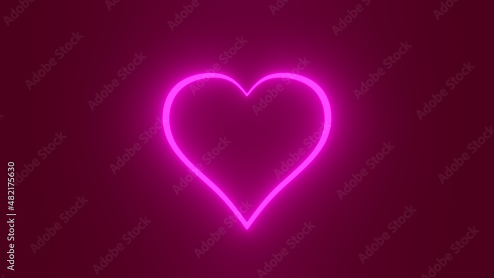 The concept of celebrating Valentine's Day and birthday. One neon heart shape on a purple background. 3D rendering