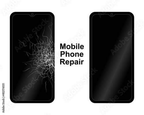 Black Mobile Smartphone With Glass Broken Screen and Mobile Repair Isolated On White Background.