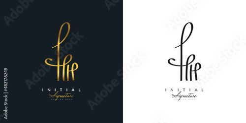 Elegant HH Logo Design with Handwriting Style in Gold Gradient. HH Signature Logo or Symbol for Wedding, Fashion, Jewelry, Boutique, and Business Identity photo