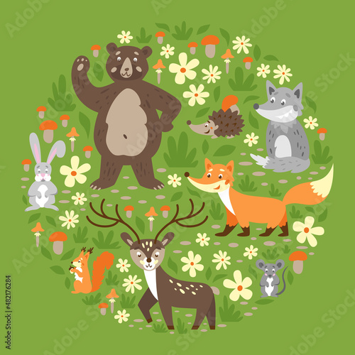 Forest animals on green backgroun. Wild animals: fox, deer, bear, squirrel, mouse, hedgehog, wolf. .