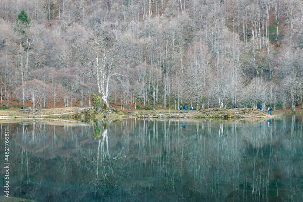 Vue sur le lac de Bethmale en hiver, réflexion sur l'eau et promeneur.