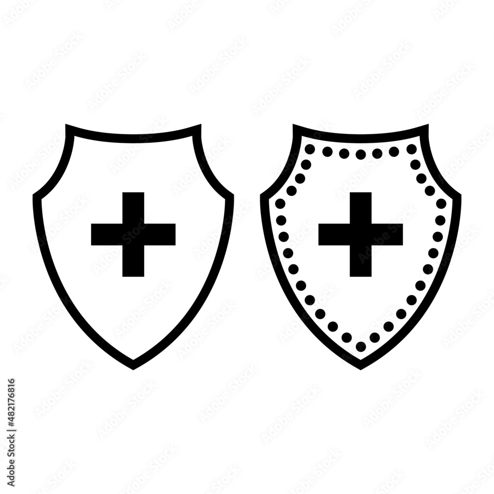 Fototapeta premium Medical shield icon. Armored defensive shield with medical cross as symbol of immunity and protection of organism. Vector Illustration