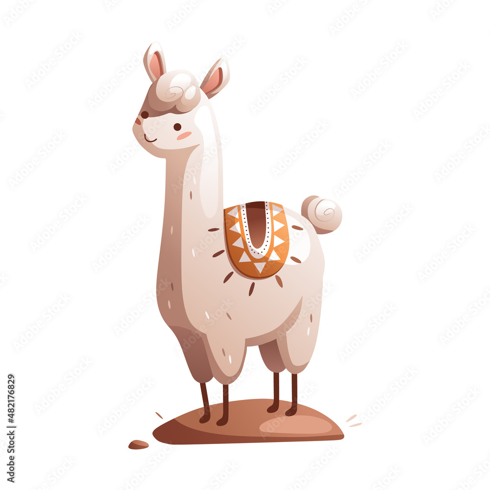 Cartoon cute toy white llama with a beautiful cape. Detailed vector