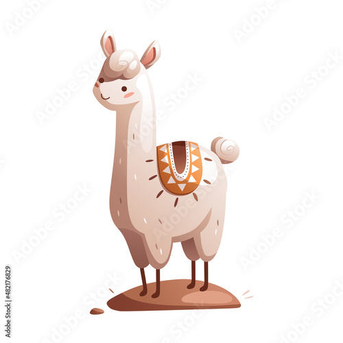 Cartoon cute toy white llama with a beautiful cape. Detailed vector illustration.