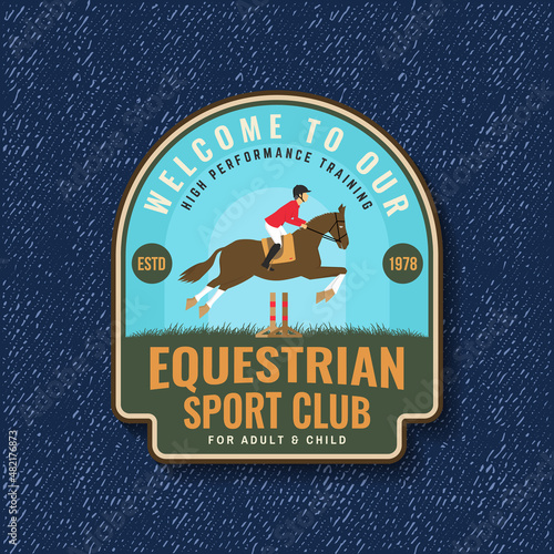 Horse racing sport club badge, patch, emblem, logo. Vector illustration. Vintage monochrome equestrian label, sticker with rider and horse silhouettes. Horseback riding sport.