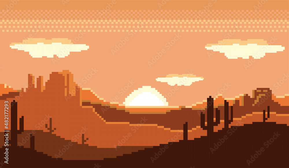 gambar pixel art gurun, suasana panas di sore hari dan ada bayangan pohon kaktus jingga