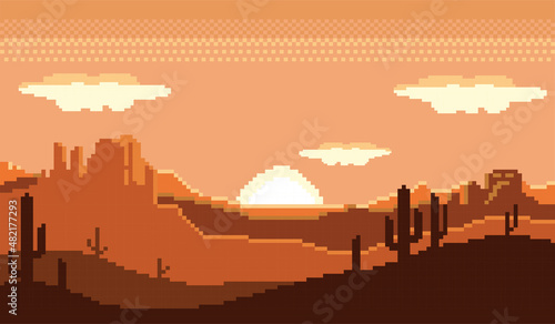 gambar pixel art gurun, suasana panas di sore hari dan ada bayangan pohon kaktus jingga photo