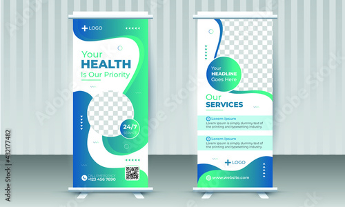 Modern Medical Healthcare X Roll Up Banner Design Template with beautiful shapes and gradient color scheme