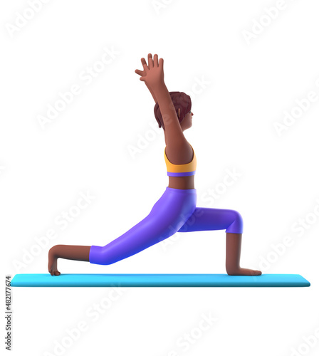 Yoga dark-skinned girl in standing position on white background, cartoon female 3d charcter doing yoga, 3d illustration