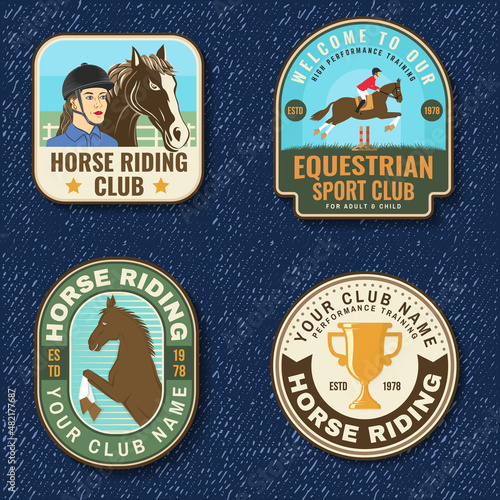 Set of Horse racing sport club badge, patch, emblem, logo. Vector illustration. Vintage equestrian label, sticker with rider and horse silhouettes. Horseback riding sport