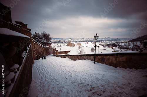Snow covered historical city centre of Prague, Czech Republic