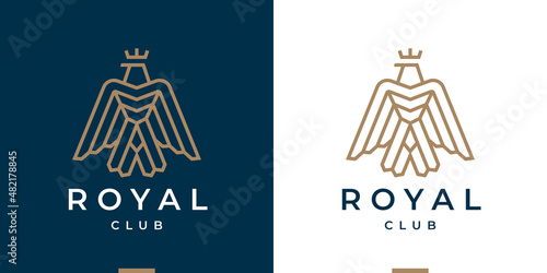 Royal eagle luxury logo. Falcon heraldry brand line icon. Insignia hawk symbol. Gold bird wing emblem. Vector illustration.