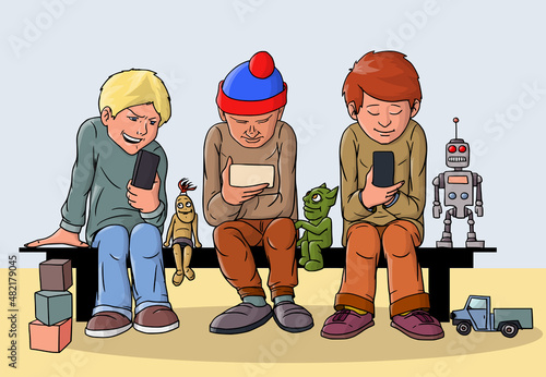 The children went for a walk. Interested in nothing but the Internet and social networks. Vector illustration