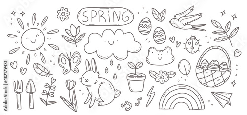Black and white spring doodle set. Cute set of spring cliparts  easter elements. Isolated illustration.