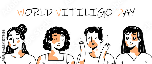 World vitiligo day banner or poster with happy people. Characters with vitiligo. Vector isolated illustration.