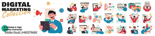 Digital Marketing character illustration. Mega collection of men and women take part in bussines digital marketing . Vector Character Illustration