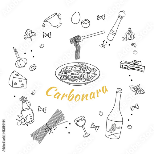 A set of ingredients for making pasta Carbonara with spaghetti. Doodle style. Vector graphics.