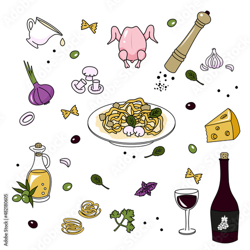A set of ingredients for making Fettuccine Pasta with chicken and mushrooms. Doodle style. Vector graphics.