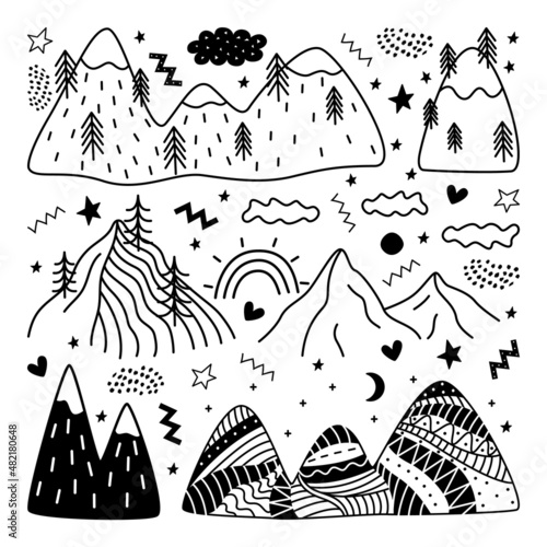 Vector doodle mountains with pine trees. Hand drawn collection of hills and peaks silhouettes. Abstract nature landscapes. Outline hillside illustration