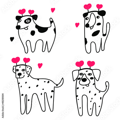 Collection of dogs wearing heart head bands. Valentine's day. Outline vector illustrations on white background. 