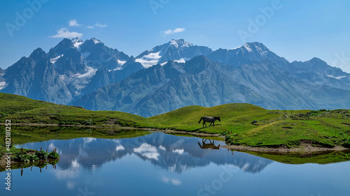 A horse grazing at the Koruldi Lake with a dream like view on the mountain range near Mestia in the Greater Caucasus Mountain Range, Upper Svaneti, Country of Georgia. Wildlife observation.