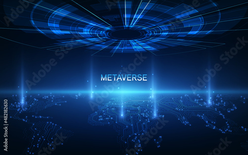 Metaverse, virtual reality, augmented reality and blockchain technology, user interface 3D experience. Word metaverse with world map globe in futuristic environment background.