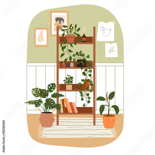 Shelving with books, indoor plants in Scandinavian interior and stylish decor. Flat-style illustration isolated against a white background. Cosy furnished room