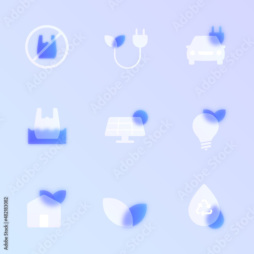 ecology glass morphism trendy style icon set. eco transparent glass color vector icons with blur and purple gradient. for web and ui design, mobile apps and promo business polygraphy