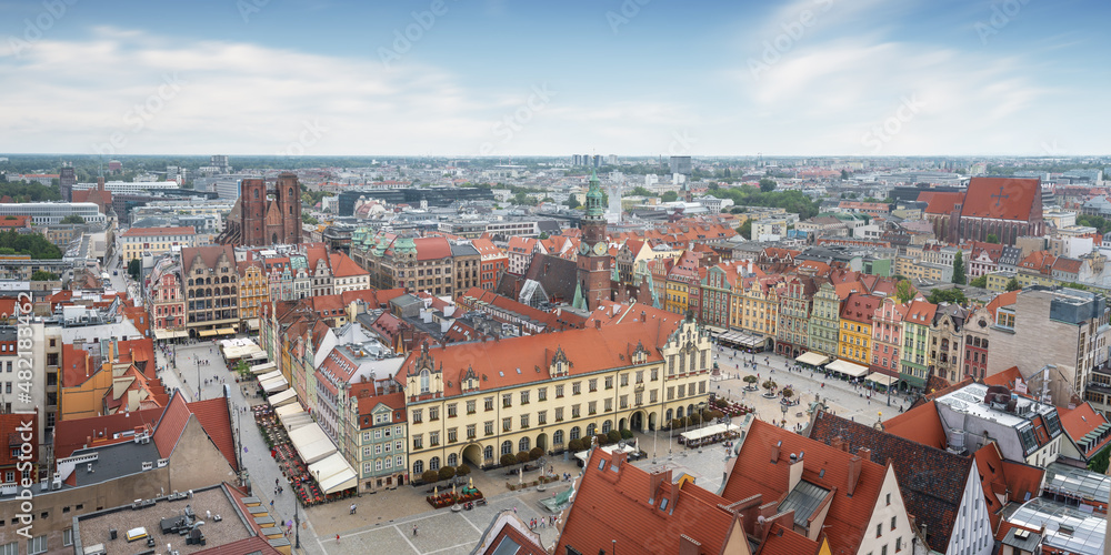 Panoramic aerial view of Market Square with the New and Old Town Hall and St Mary Magdalene Church - Wroclaw, Poland