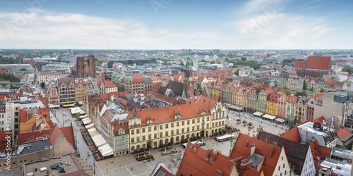Panoramic aerial view of Market Square with the New and Old Town Hall and St Mary Magdalene Church - Wroclaw, Poland