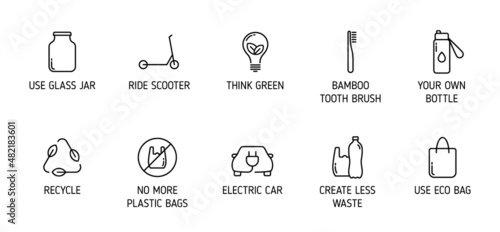 zero waste outline vector icons isolated on white background. zero waste icons with letterings for web and ui design, mobile apps, print polygraphy and promo advertising business