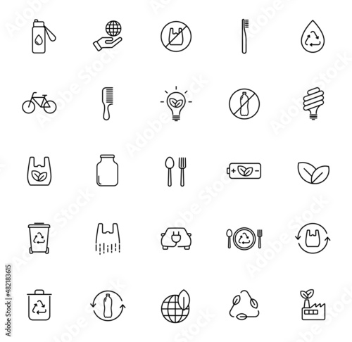 zero waste outline vector icons isolated on white background. zero waste icon set for web and ui design, mobile apps, print polygraphy and promo advertising business. zero waste eco friendly concept
