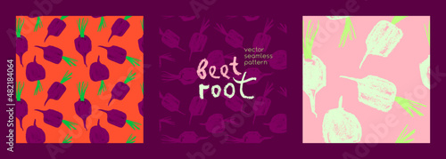 Vector beetroot pattern seamless. Sugar beet background for label, banner, packaging design. Fabric vegan ornament. Vegetarian background. Pencil Illustration. Vegan wallpaper. Purple root vegetable.