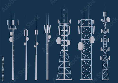 Transmission cellular tower. Mobile and radio communications antennas for wireless connections. Outline vector illustrations set
