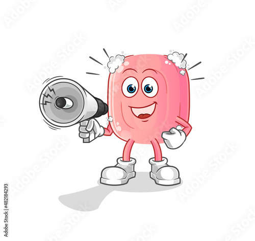 soap holding hand loudspeakers vector. cartoon character
