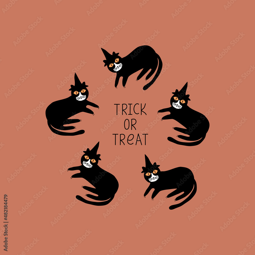 Black cats with magic hat and yellow eyes hand drawn vector illustration. Spooky feline character. Black cats with magic hat and yellow eyes hand drawn vector illustration. Spooky feline character.