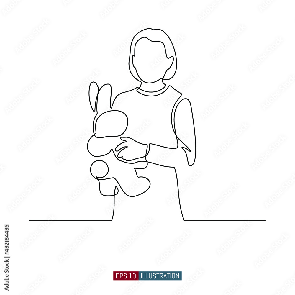 Continuous line drawing of Girl with a toy hare in her hands. Template for your design works. Vector illustration. Continuous line drawing of Girl with a toy hare in her hands. Template for your design works. Vector illustration.