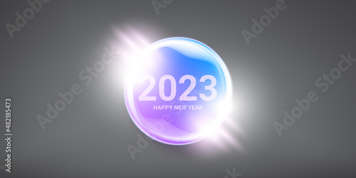 2023 Happy new year horizontal banner background and 2023 greeting card with text. vector 2023 new year sticker, label, icon, logo and badge isolated on stylish grey background