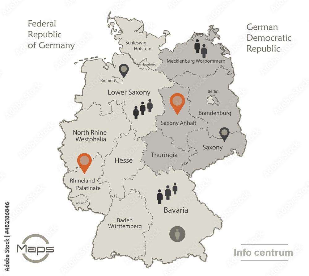 Germany map divided on West and East Germany with regions and names map, Infographics and icons vector