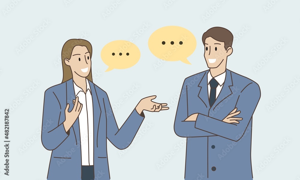 Business men and women talking and discussing business. Business concept. Hand draw style. Vector illustration.