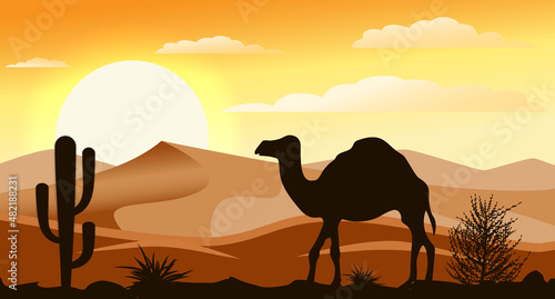 Desert sunset silhouette landscape. Pattern background with camel and wild cactus.