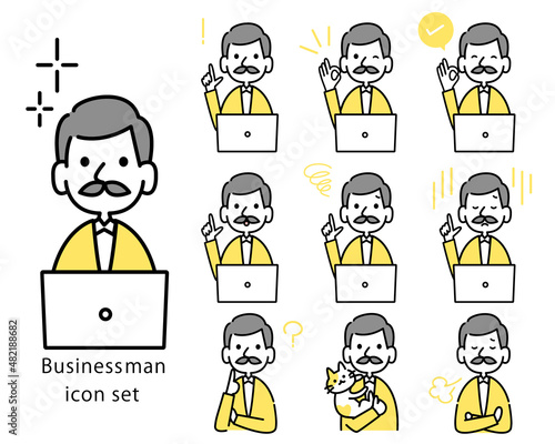 PCを操作する年配男性のアイコン　在宅　経営者　ベクターイラスト素材