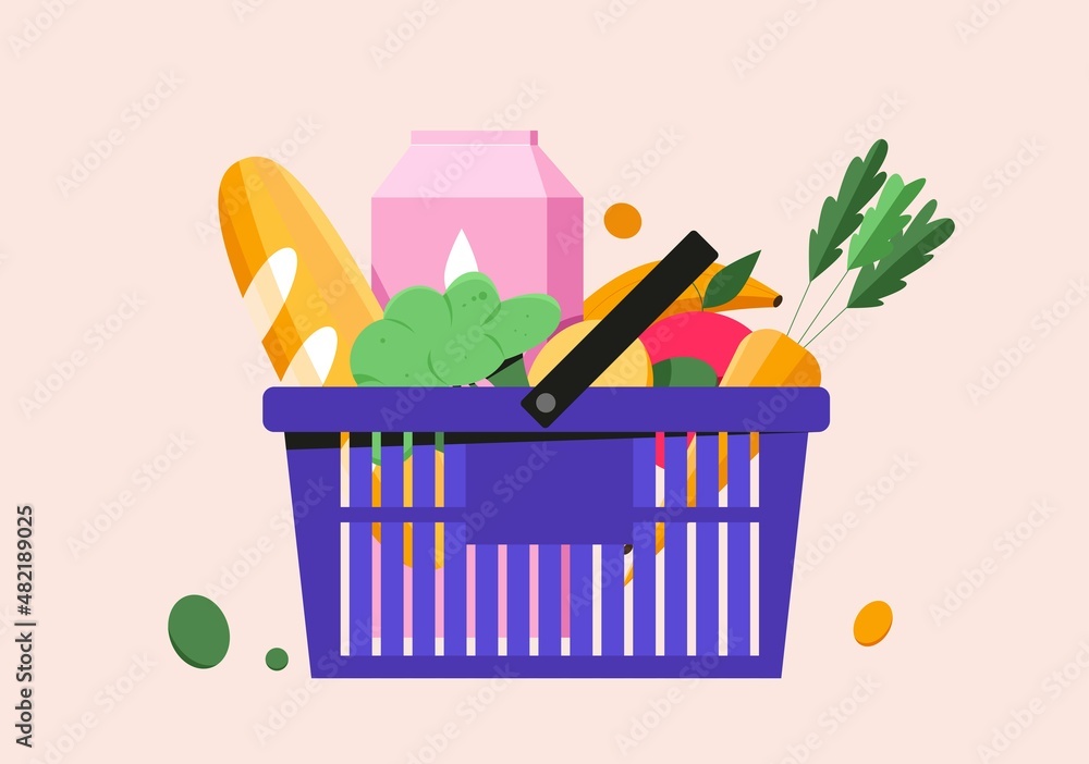 Shopping basket with fruits, vegetables, baguette, bread, milk. Vector illustration
